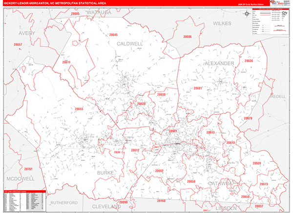 Hickory-Lenoir-Morganton Metro Area Wall Map Red Line Style